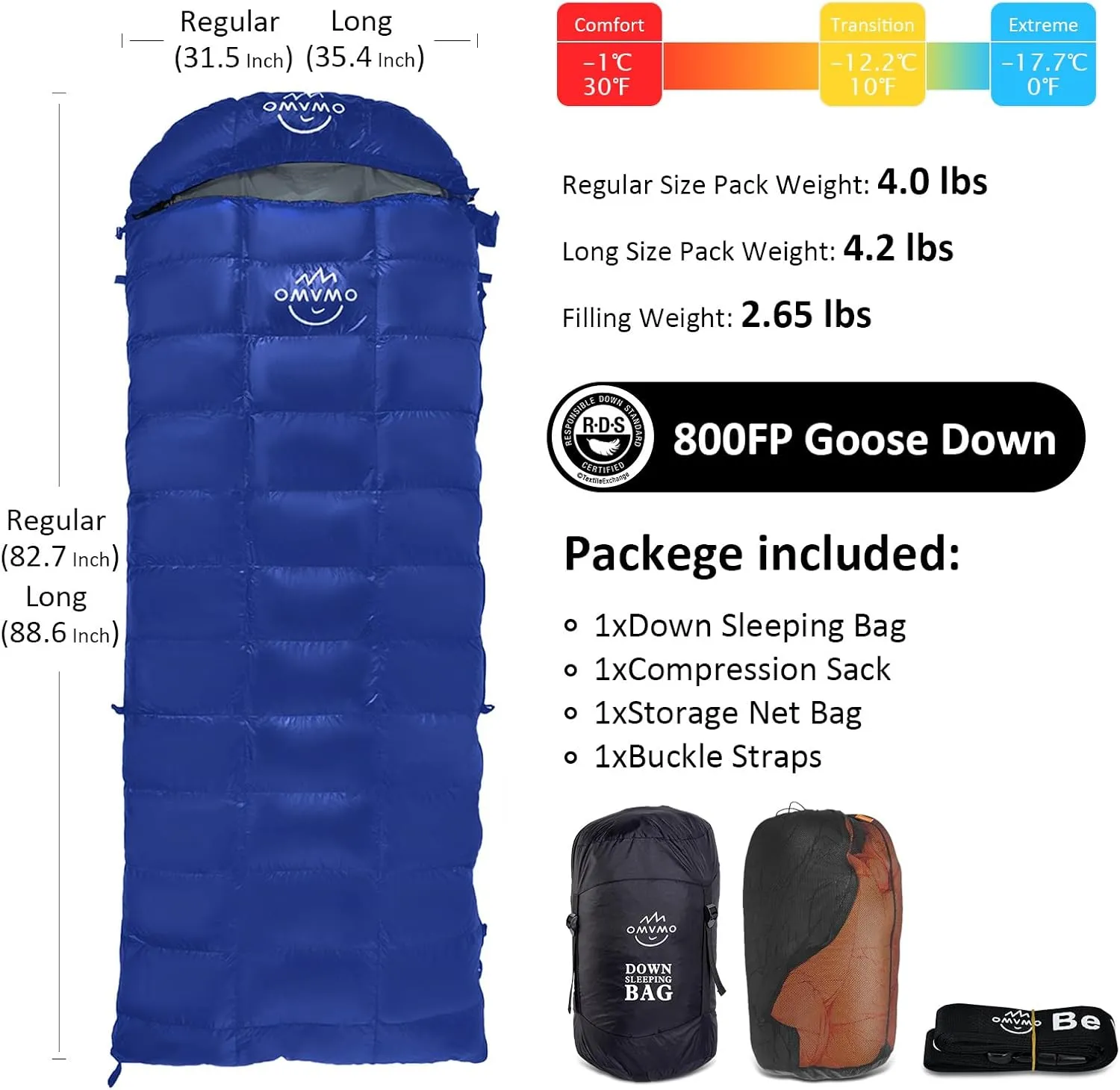 -10°F 0°F Goose Down Sleeping Bag for Adults,800 Fill Power,Ultralight Wearable 4 Season Cold Weather Rectangle Sleeping Bag for Camping Hiking,Can be Used as a Down Blanket or Cloak