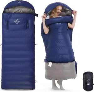 0-20 Degrees F Down Sleeping Bag for Adults - 4 Season Envelope With Arm Holes, Wearable for Backpacking Camping - Ultralight, Compact, Move Freely While Wearing