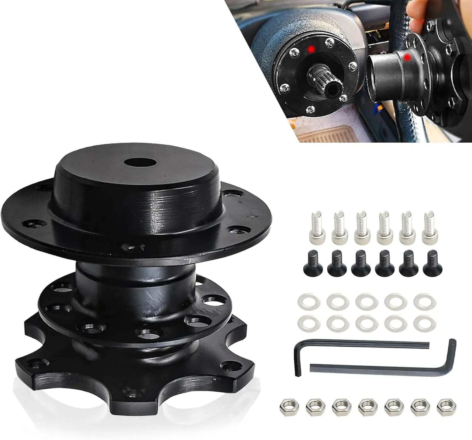 1 PC Car 6-hole Steering Wheel Quick Release Adapter with Installation Accessories, Alloy Anti-rust Racing Retrofit Anti-theft Steering Wheel Device, Suitable for Most Car Models (Black)