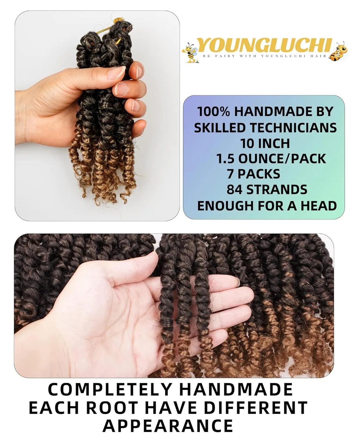10 Inches 7 Packs Pre Looped Pretwisted Passion Twist Crochet Hair for Black Women and Kids-Ombre Blonde,Soft Hair Extensions Braided by Synthetic Spring Kinky Twist Bohemian Curl(10"-7 Packs,T1B/27)