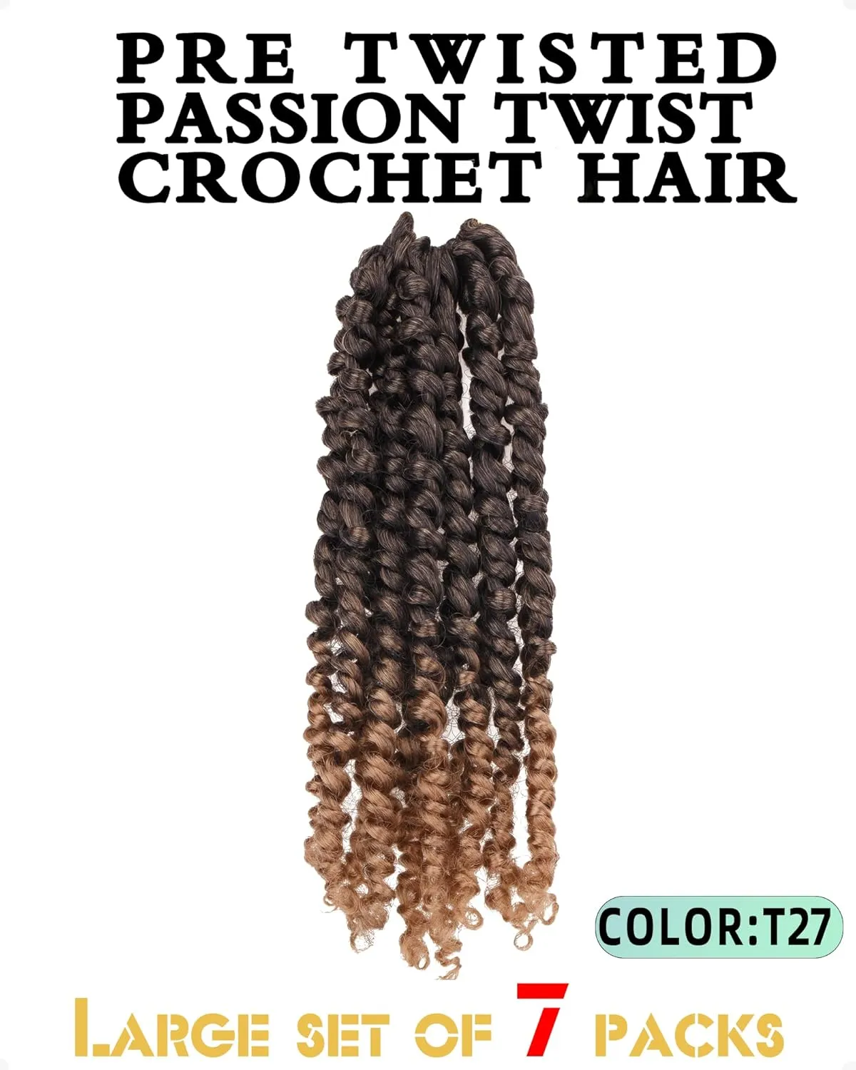 10 Inches 7 Packs Pre Looped Pretwisted Passion Twist Crochet Hair for Black Women and Kids-Ombre Blonde,Soft Hair Extensions Braided by Synthetic Spring Kinky Twist Bohemian Curl(10"-7 Packs,T1B/27)