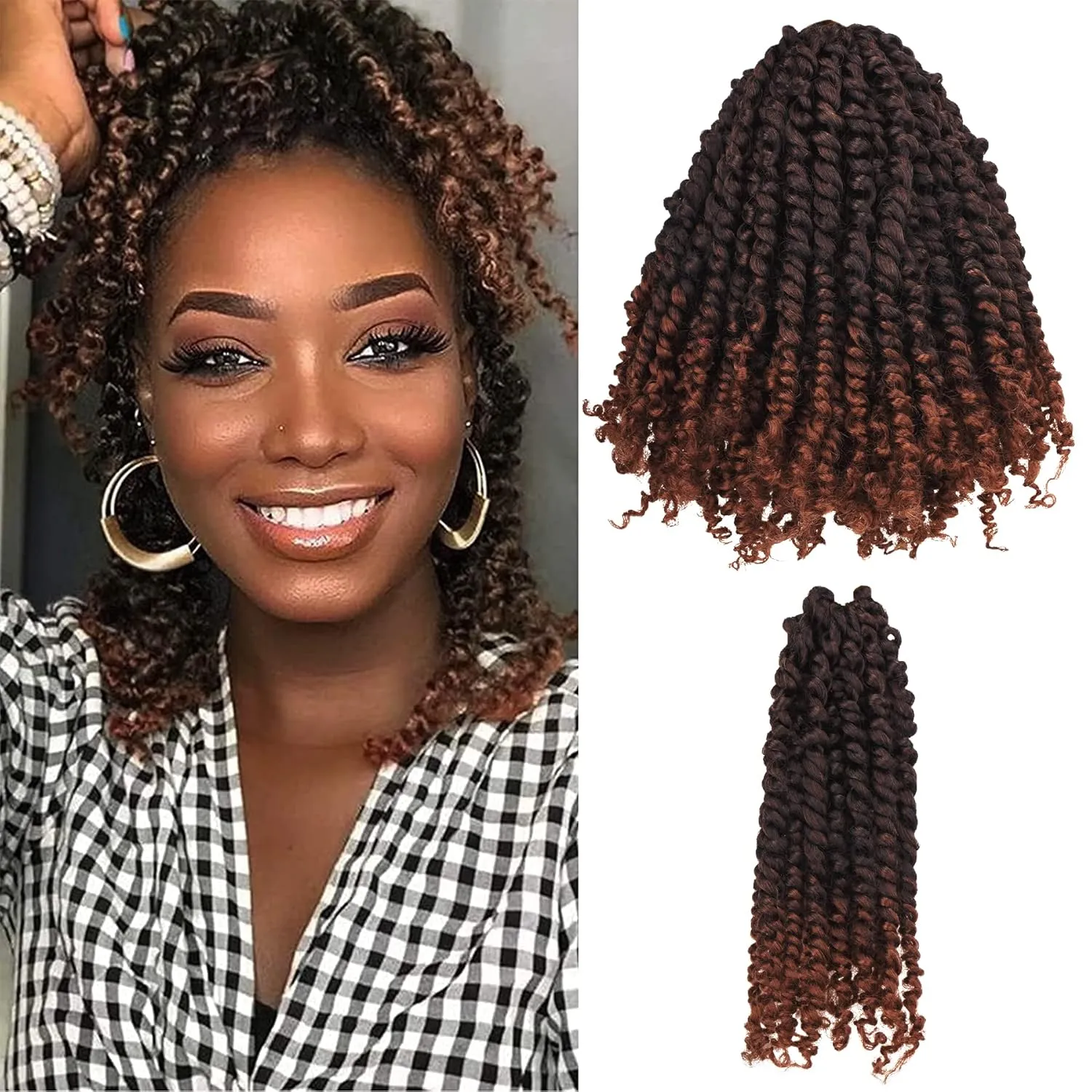 10 Inches 8 Packs Pre Looped Pretwisted Passion Twist Crochet Hair for Black Women and Kids-Ombre Brown,Soft Hair Extensions Braided by Synthetic Spring Kinky Twist Bohemian Curls(10"-8 Packs,T1B/30)