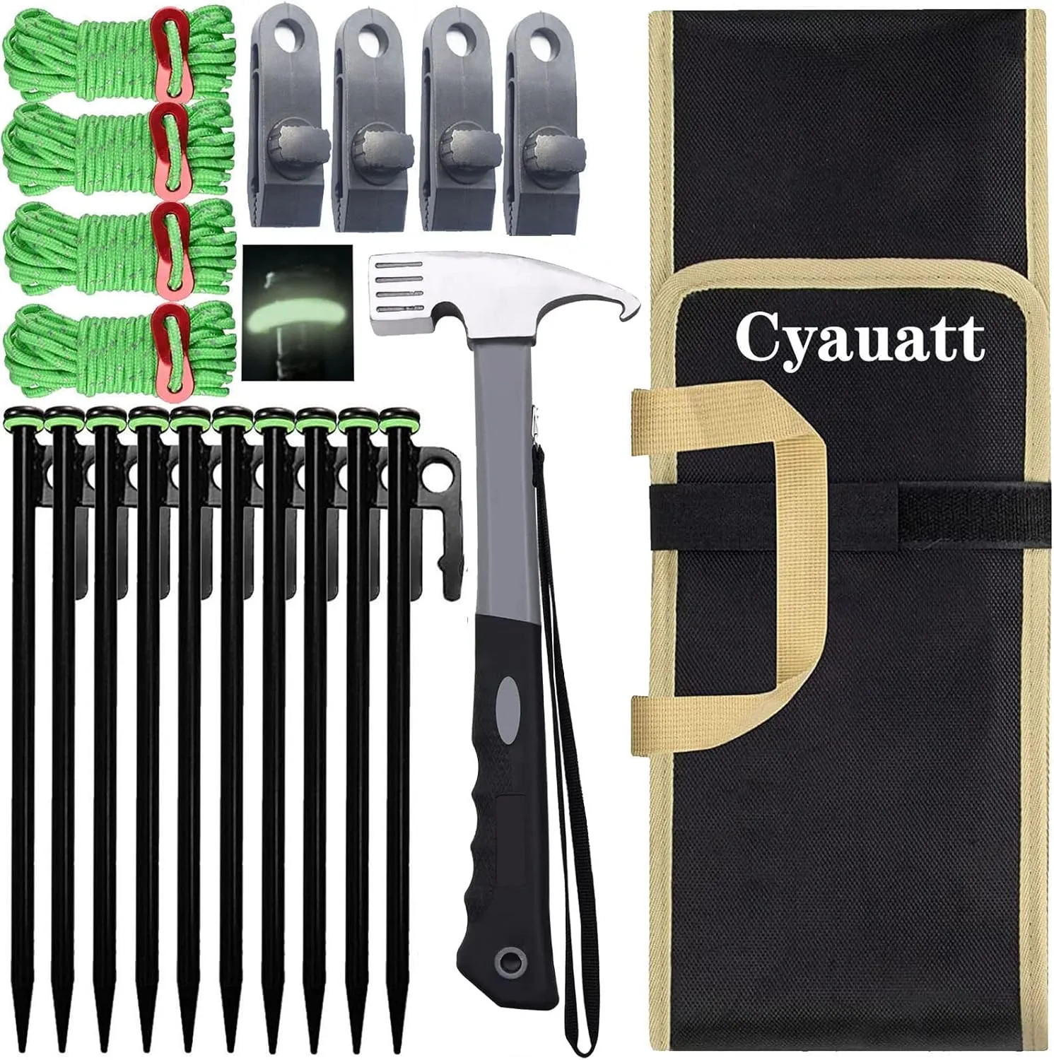 10 Pcs Heavy Duty Tent Stakes and Camping Hammer Set,10in Metal Tent Stakes for Camp,Ground and Yard,Camping Tent Accessories Kit with Reflective Camping Rope,Tent Clamps and Storage Bag