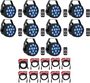 (10) Rockville RockPAR TRI LED RGB Compact Par Can Pro DJ DMX Wash Light Remote Black Bundle with (9) RDX3M10 DMX Lighting Cable & RDX3M25 25 ft DMX Lighting Cable (20 Items)