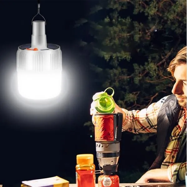 100W 42LED Solar Power 5 Lighting Modes Rechargeable Outdoor Camping Light Bulb Emergency Light for Tent Patio Porch Garden BBQ Night Markets Power Failure