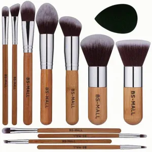 11Pcs Bamboo Makeup Brush Set Synthetic Mane Kabuki Makeup Brush Set with Storage Bag and Makeup Sponge