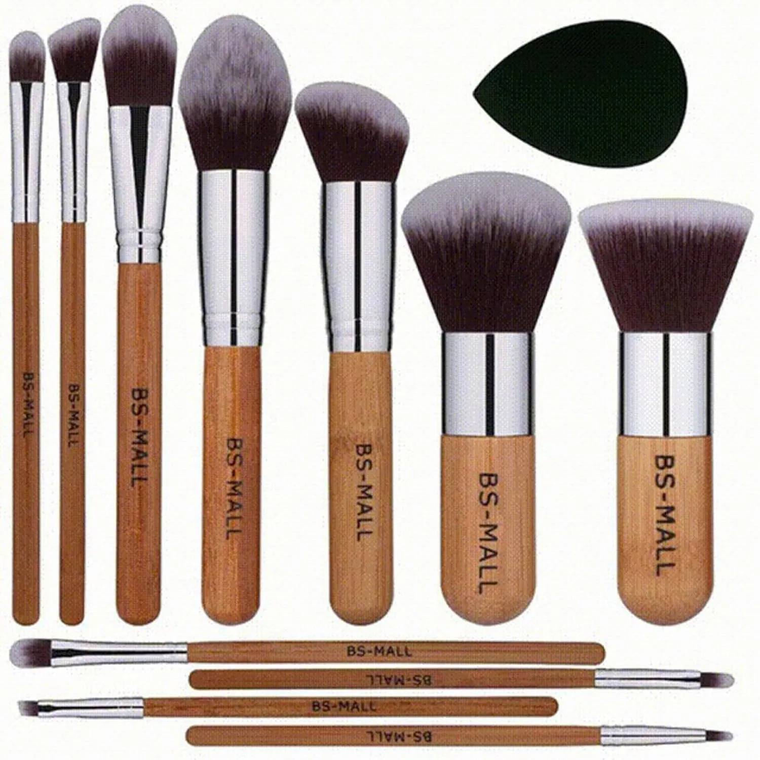 11Pcs Bamboo Makeup Brush Set Synthetic Mane Kabuki Makeup Brush Set with Storage Bag and Makeup Sponge