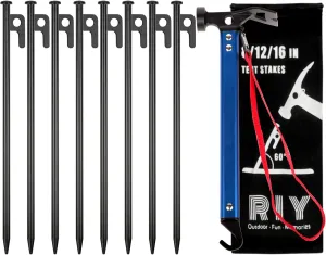 12'' 8pcs Tent Stakes and 12" Carbon Steel Aluminum Camping Hammer Blue