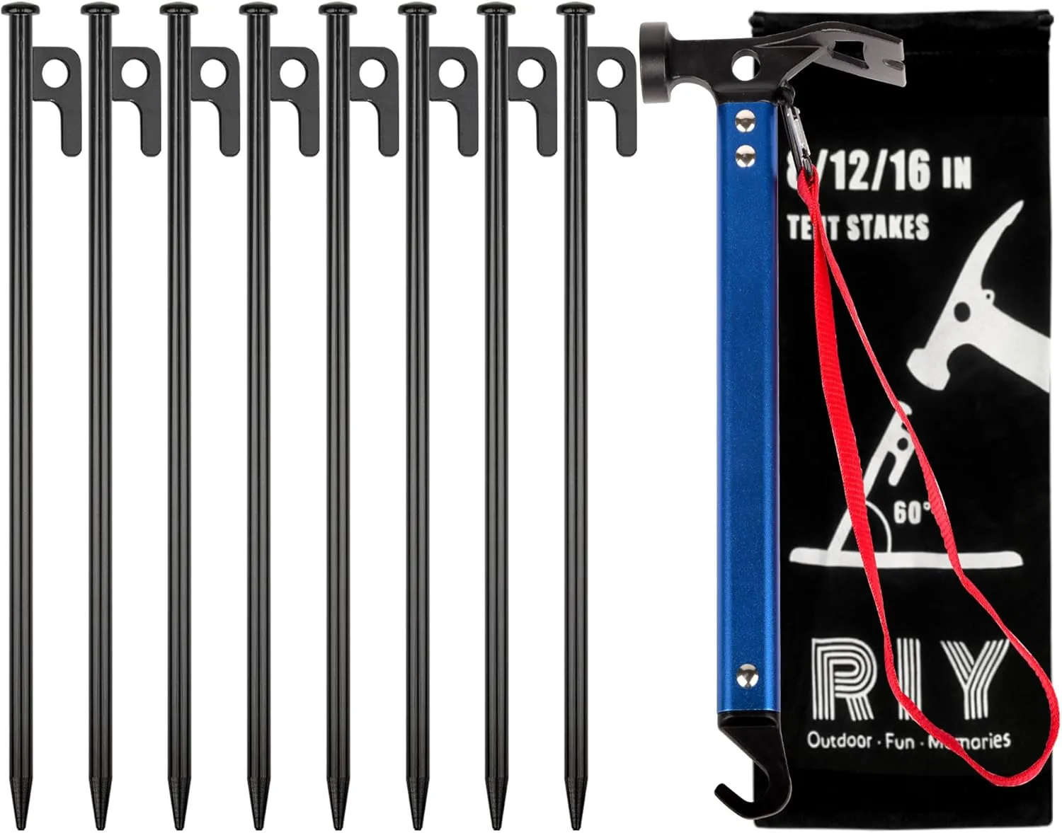 12'' 8pcs Tent Stakes and 12" Carbon Steel Aluminum Camping Hammer Blue