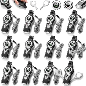12 Pack Emergency Safety Whistle 7 in 1 Loud Survival Whistle with Lanyard Multifunctional Tool with Compass Thermometer Reflecting Mirror Magnifiers LED Lights for Outdoor Hiking