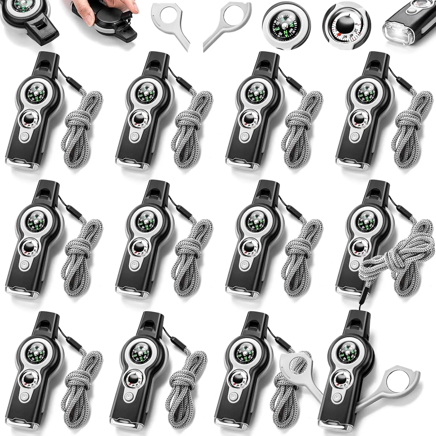 12 Pack Emergency Safety Whistle 7 in 1 Loud Survival Whistle with Lanyard Multifunctional Tool with Compass Thermometer Reflecting Mirror Magnifiers LED Lights for Outdoor Hiking