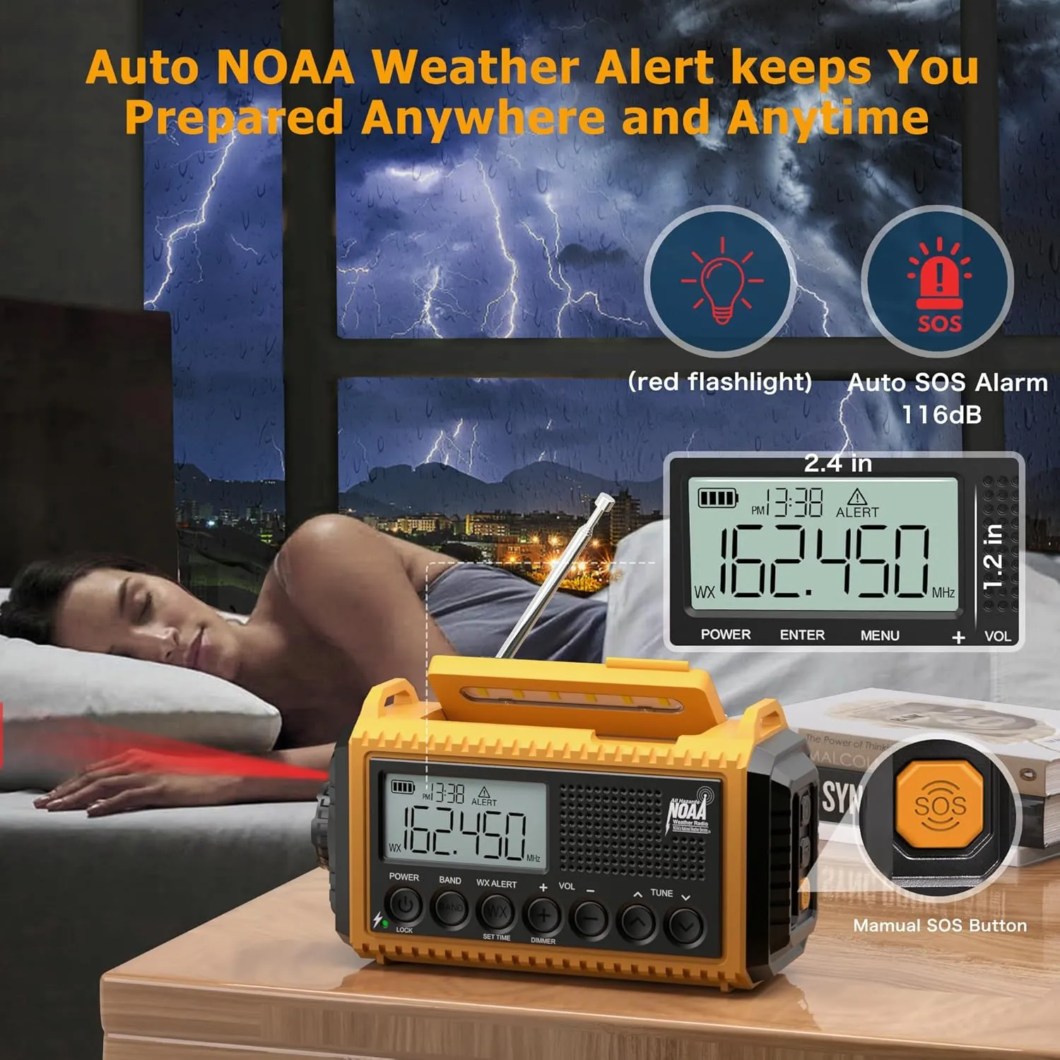12000mAh NOAA Emergency Weather Radio, Hand Crank Emergency Radio Portable AM FM Shortwave, Solar Rechargeable Battery Powered Radio with USB-C Charger & Adapter, SOS Alert Flashlight for Home Camping
