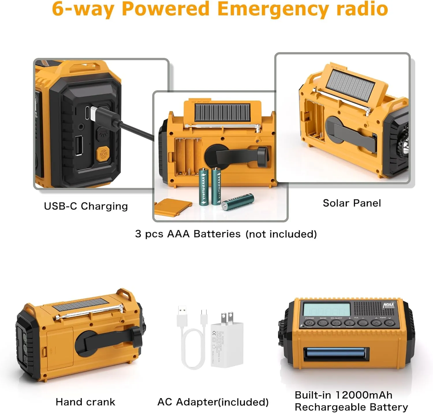 12000mAh NOAA Emergency Weather Radio, Hand Crank Emergency Radio Portable AM FM Shortwave, Solar Rechargeable Battery Powered Radio with USB-C Charger & Adapter, SOS Alert Flashlight for Home Camping