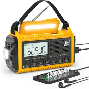 12000mAh NOAA Emergency Weather Radio, Hand Crank Emergency Radio Portable AM FM Shortwave, Solar Rechargeable Battery Powered Radio with USB-C Charger & Adapter, SOS Alert Flashlight for Home Camping