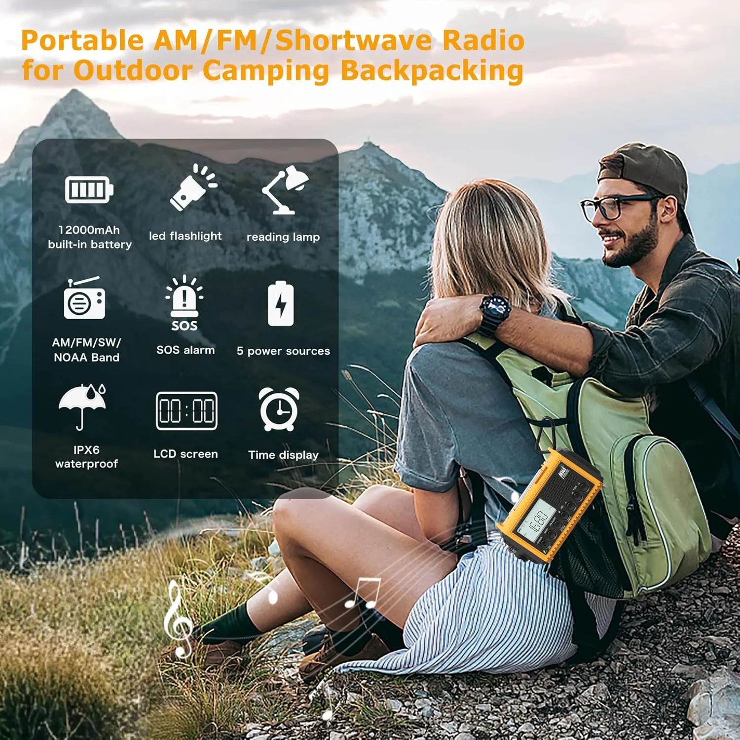 12000mAh NOAA Emergency Weather Radio, Hand Crank Emergency Radio Portable AM FM Shortwave, Solar Rechargeable Battery Powered Radio with USB-C Charger & Adapter, SOS Alert Flashlight for Home Camping