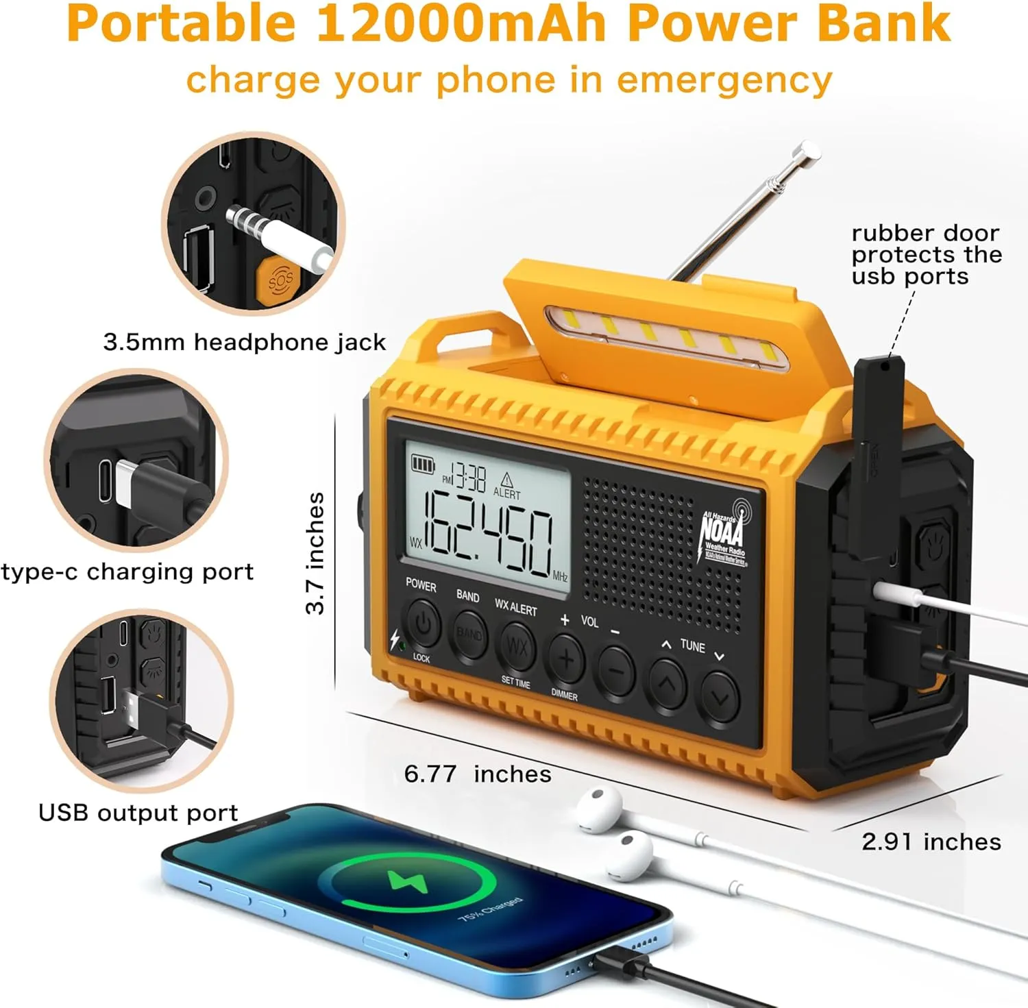 12000mAh NOAA Emergency Weather Radio, Hand Crank Emergency Radio Portable AM FM Shortwave, Solar Rechargeable Battery Powered Radio with USB-C Charger & Adapter, SOS Alert Flashlight for Home Camping