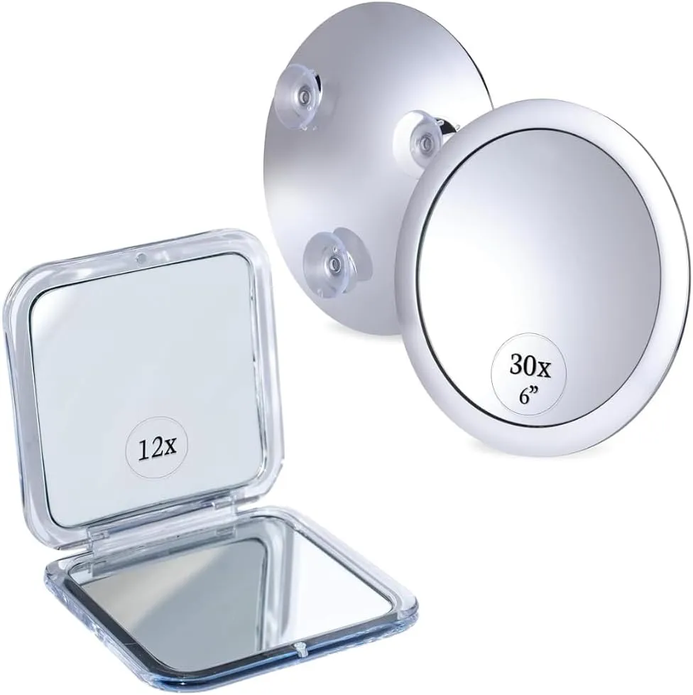12X/1X Square Double Sided Magnifying Mini Compact Makeup Mirror for Travel - Portable, Handheld & Mega-Powerful 30X Magnifying Makeup Mirror - Portable Cosmetic Mirror for Precise Makeup Bundle