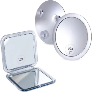 12X/1X Square Double Sided Magnifying Mini Compact Makeup Mirror for Travel - Portable, Handheld & Mega-Powerful 30X Magnifying Makeup Mirror - Portable Cosmetic Mirror for Precise Makeup Bundle