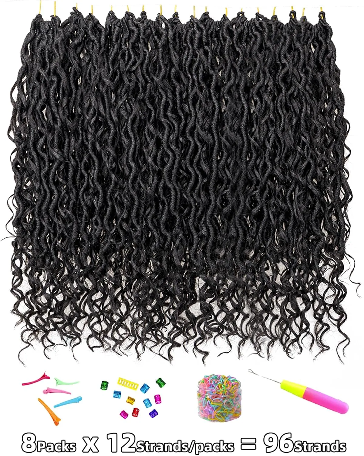 14 Inch 8 Packs Goddess Faux Locs Crochet Hair for Black Women - Natural Black, Soft River Locs, Curly With Bohemian Branch, Pre-Looped Synthetic Braiding Hair Extensions (14"-8P,1B)