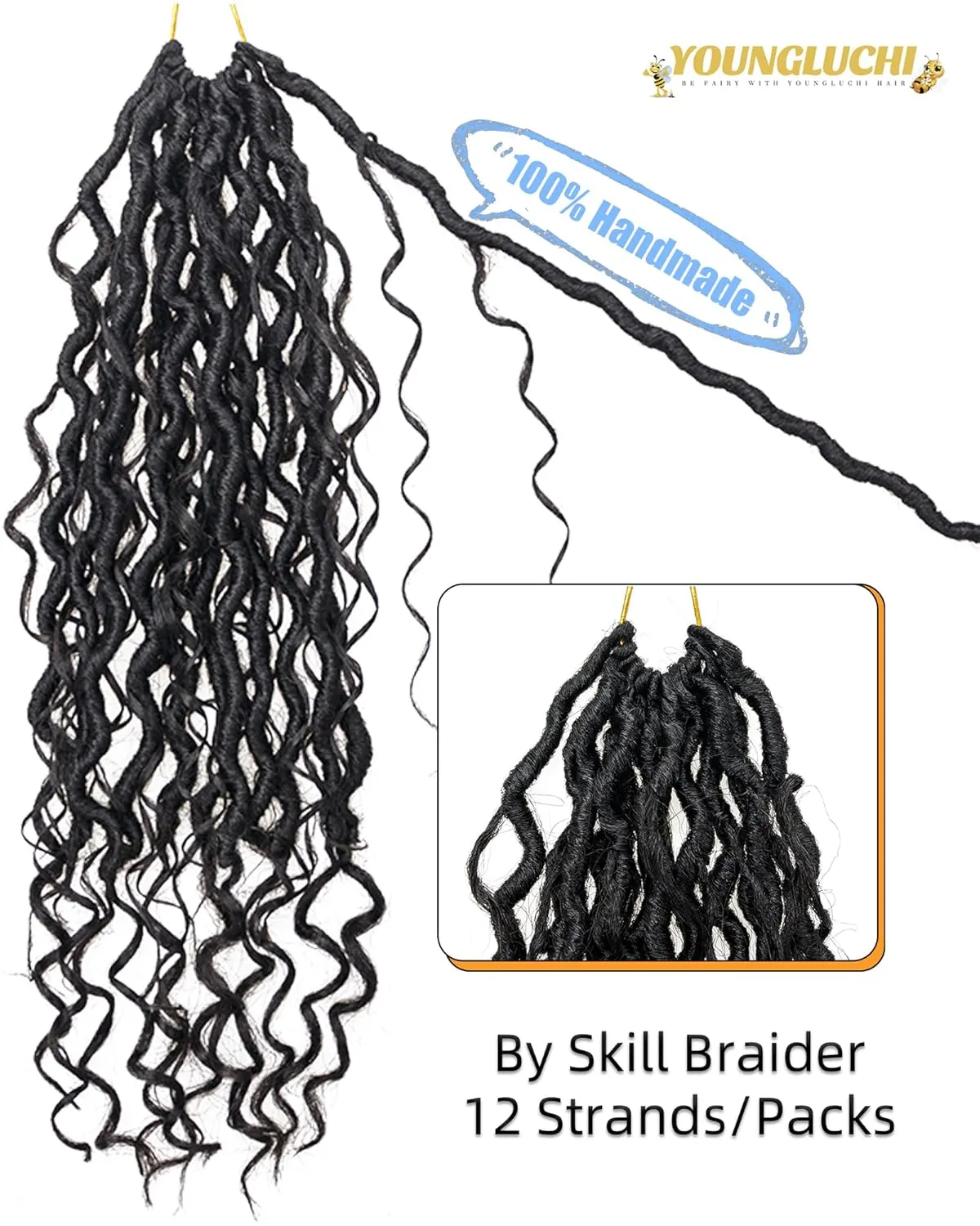 14 Inch 8 Packs Goddess Faux Locs Crochet Hair for Black Women - Natural Black, Soft River Locs, Curly With Bohemian Branch, Pre-Looped Synthetic Braiding Hair Extensions (14"-8P,1B)