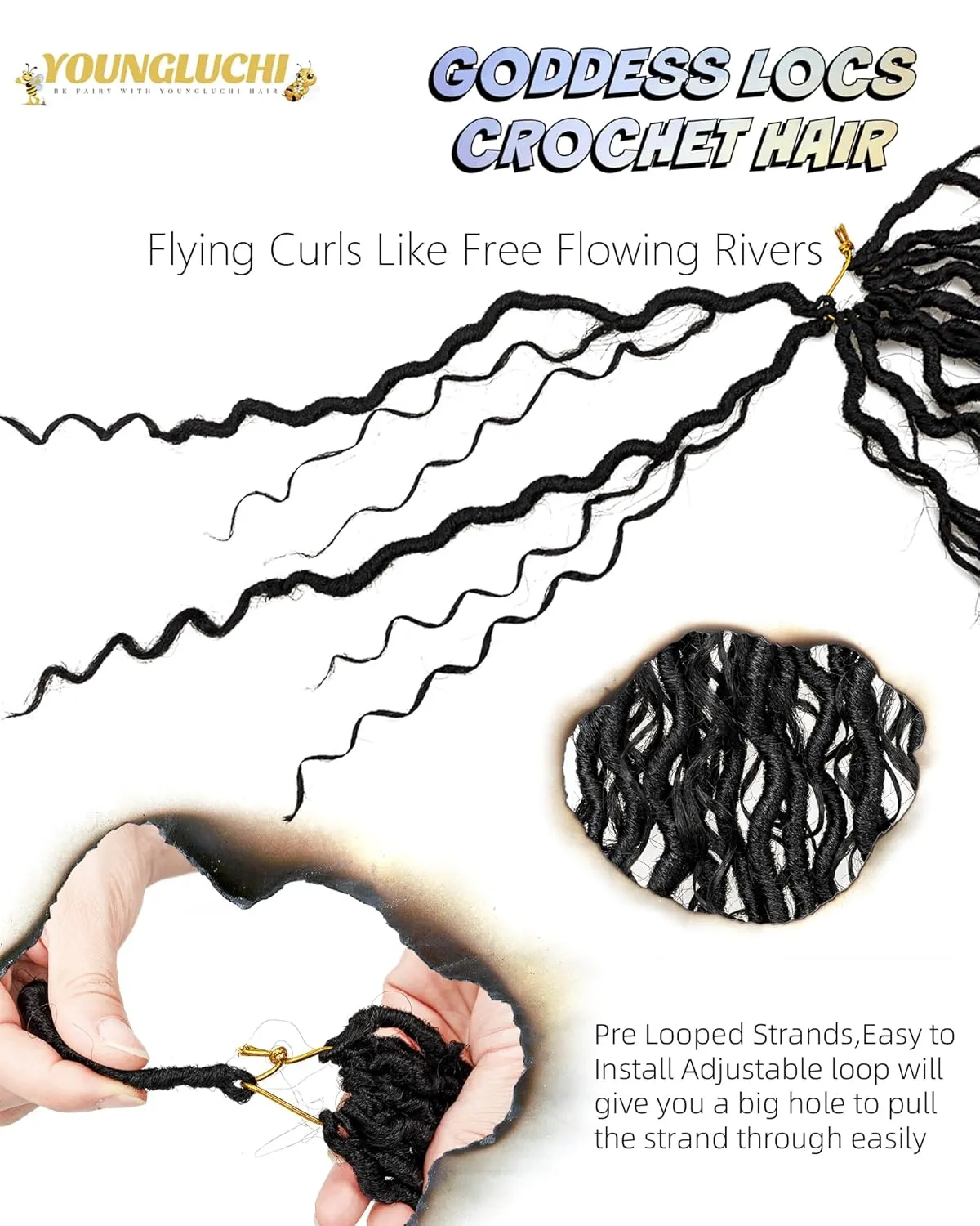 14 Inch 8 Packs Goddess Faux Locs Crochet Hair for Black Women - Natural Black, Soft River Locs, Curly With Bohemian Branch, Pre-Looped Synthetic Braiding Hair Extensions (14"-8P,1B)