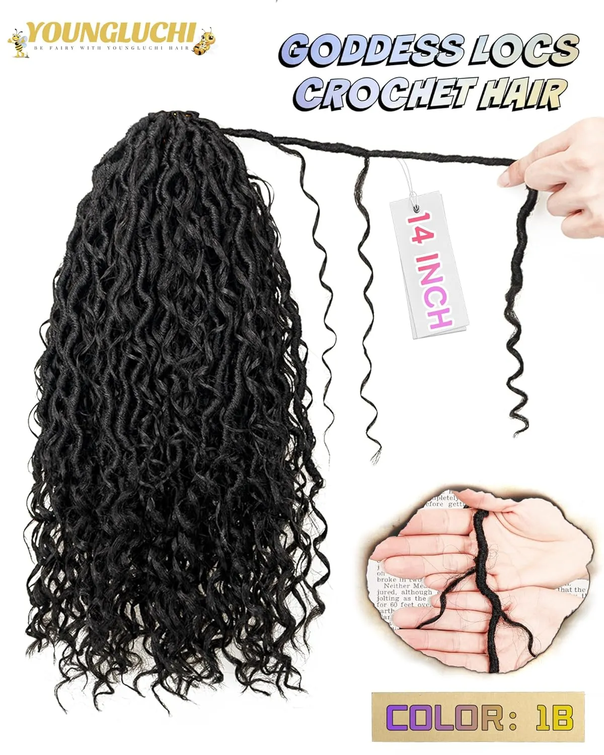 14 Inch 8 Packs Goddess Faux Locs Crochet Hair for Black Women - Natural Black, Soft River Locs, Curly With Bohemian Branch, Pre-Looped Synthetic Braiding Hair Extensions (14"-8P,1B)