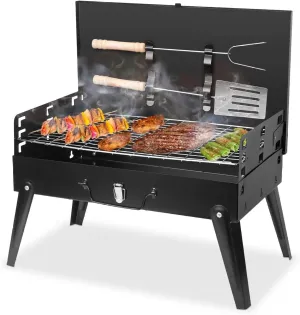16.7x10x17.7'' Portable Charcoal Grill Foldable BBQ Suitcase Grill with Adjustable Height for Outdoor Camping Picnics Garden Grilling (Includes BBQ Net Fork Spatula)