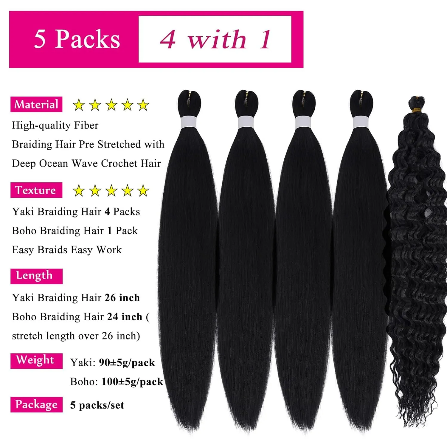 1B Black Braiding Hair Pre Stretched with Curly Deep Ocean Wave Crochet Hair Boho Braids Synthetic Knotless Natural Color Bohemian Braiding Hair for Braid In Hair Extensions 5 Packs