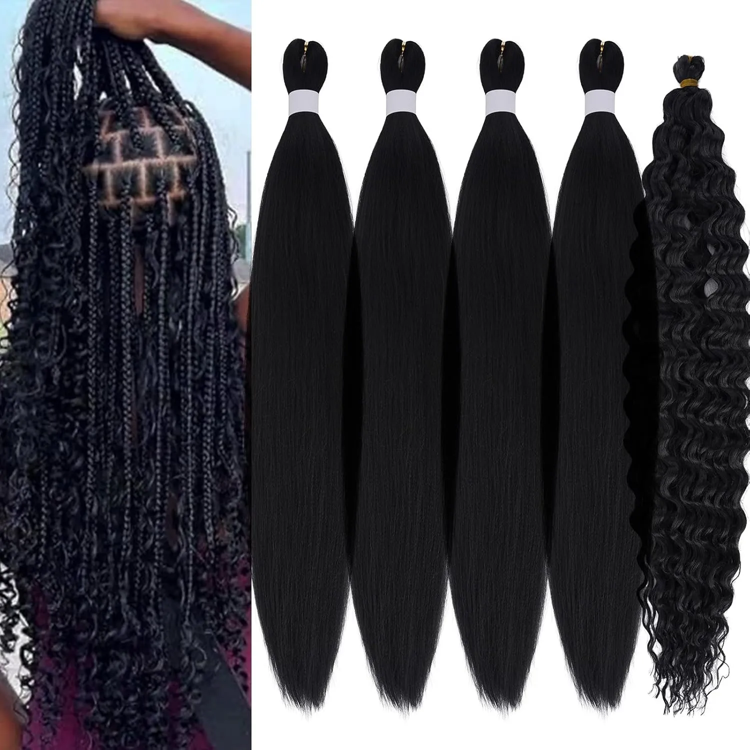 1B Black Braiding Hair Pre Stretched with Curly Deep Ocean Wave Crochet Hair Boho Braids Synthetic Knotless Natural Color Bohemian Braiding Hair for Braid In Hair Extensions 5 Packs
