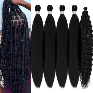 1B Black Braiding Hair Pre Stretched with Curly Deep Ocean Wave Crochet Hair Boho Braids Synthetic Knotless Natural Color Bohemian Braiding Hair for Braid In Hair Extensions 5 Packs