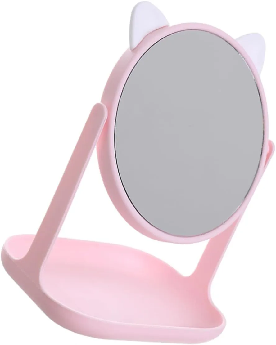 1Pc Cat Ear Makeup Mirror with Storage Tray Rotatable Desktop Mirror for Cosmetics and Jewelry Cute Cat Desktop Mirror for Home Office and Dorm Use Flexible Angle
