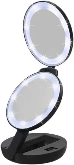 1Pc Folding Makeup Mirror with LED Light Portable Compact Mirror for Travel Double Sided Design for Easy Makeup Application Low Light Chic Black Color for Women