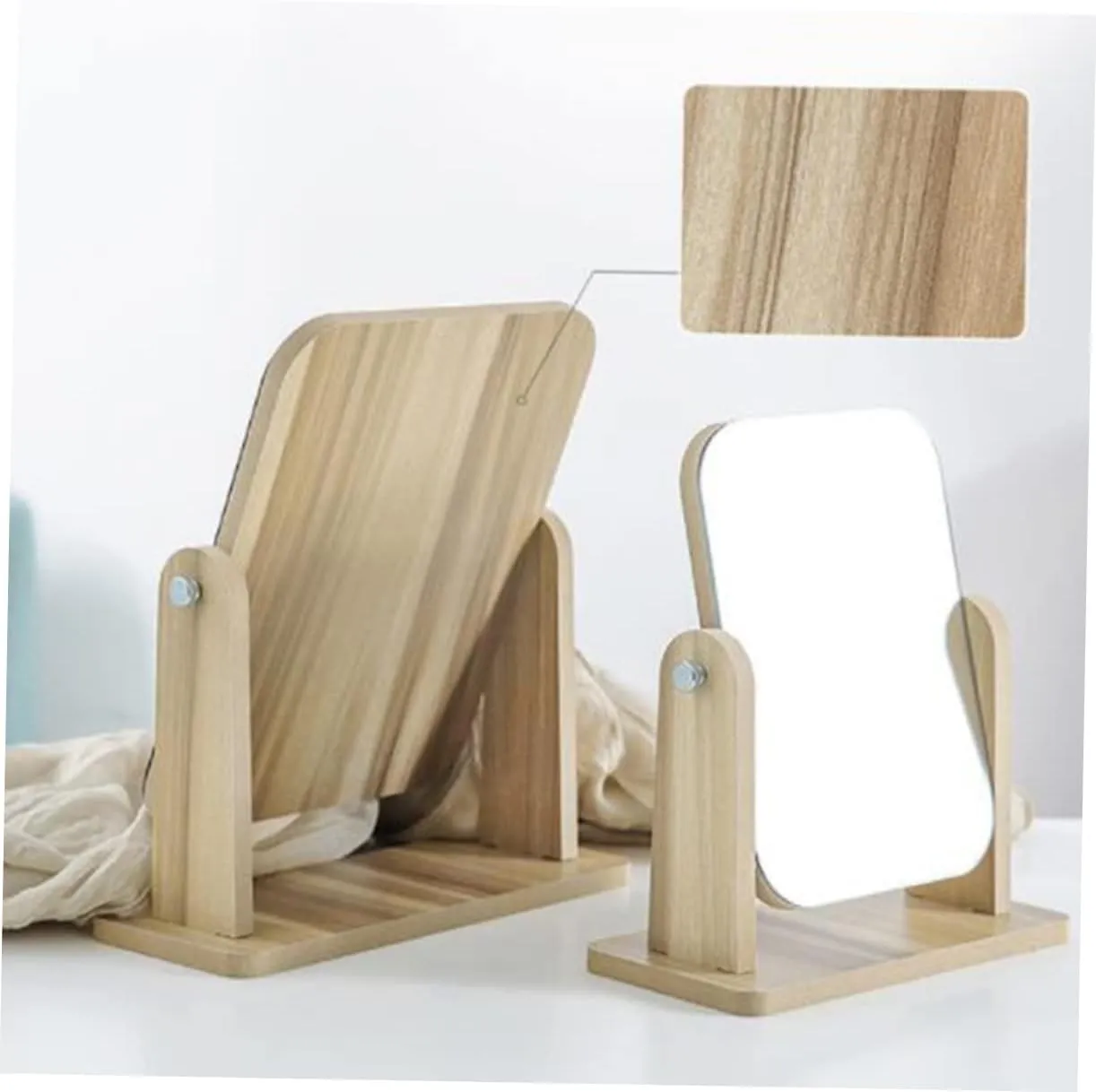 1pc Wooden Vanity Mirrors Makeup Mirror with Lights Beauty Tabletop Square Mirror Tabletop Makeup Mirror Rotatable Makeup Mirror Tabletop Mirror Touch Screen Bamboo Standing Mirror