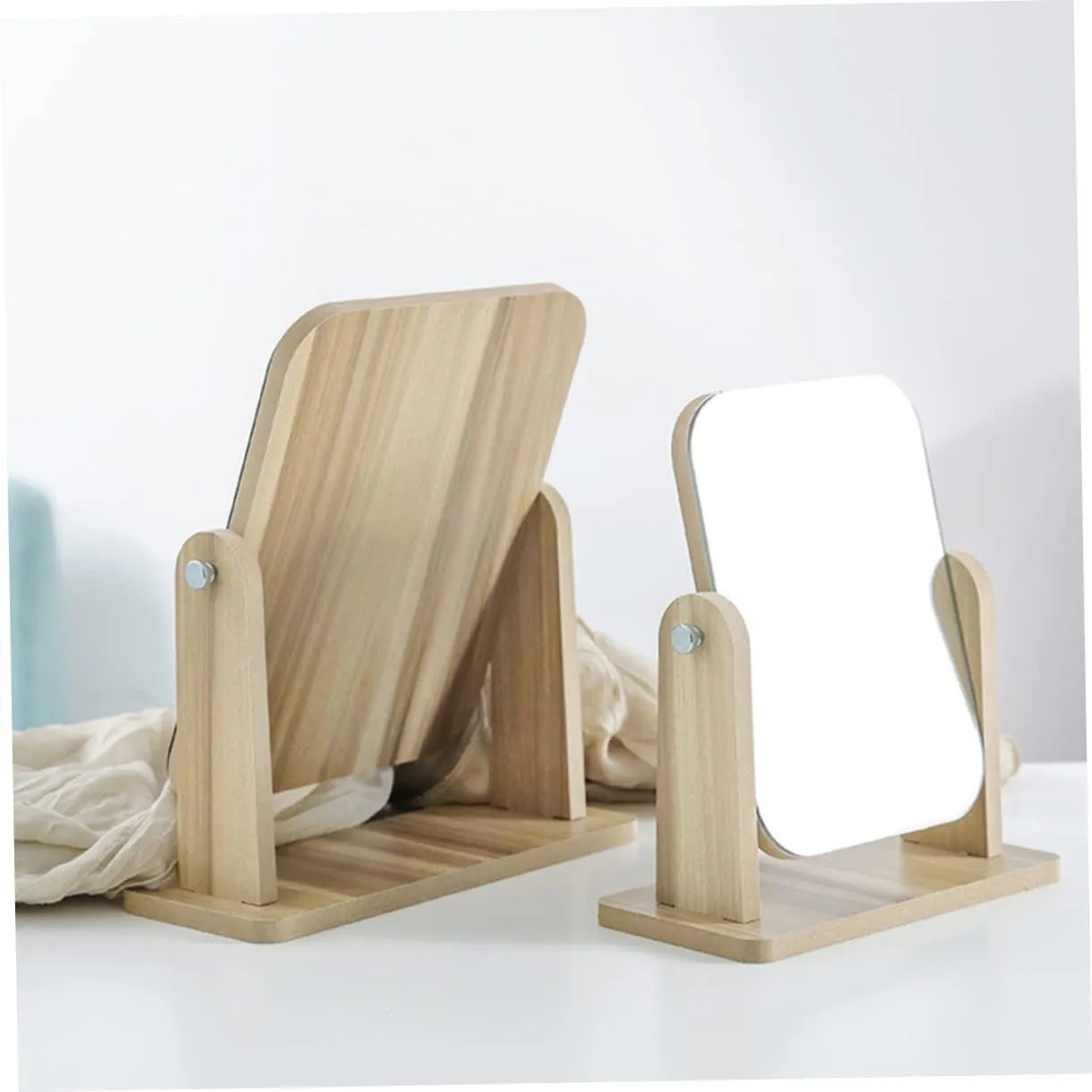 1pc Wooden Vanity Mirrors Makeup Mirror with Lights Beauty Tabletop Square Mirror Tabletop Makeup Mirror Rotatable Makeup Mirror Tabletop Mirror Touch Screen Bamboo Standing Mirror