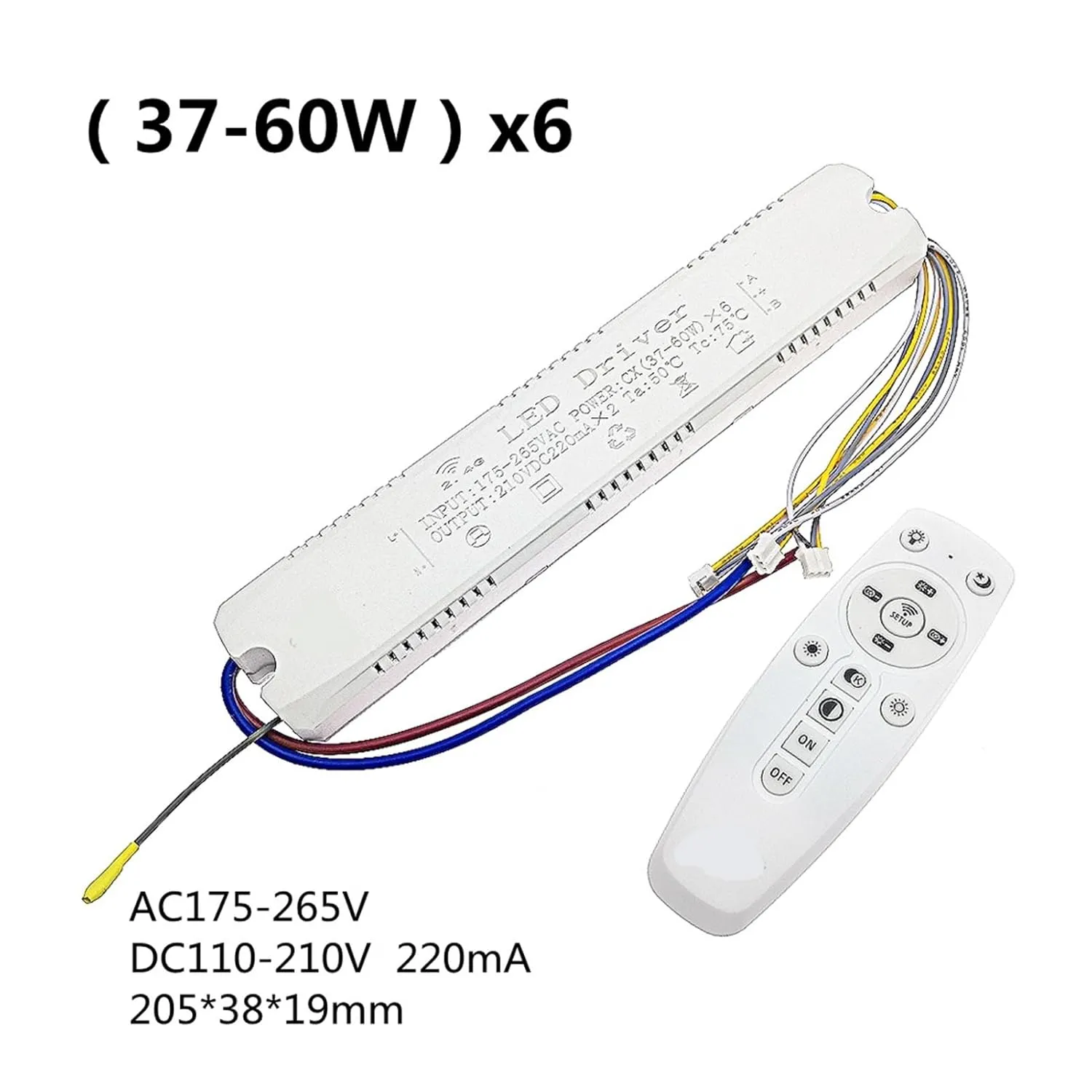 1pcs AC220V 2.4G Remote Control Intelligent LED Driver 8-24W 25-40W 37-60W X2 X4 X6 220mA Color Changeable Dimming Transformer(2Pin-(37-60W) x6)
