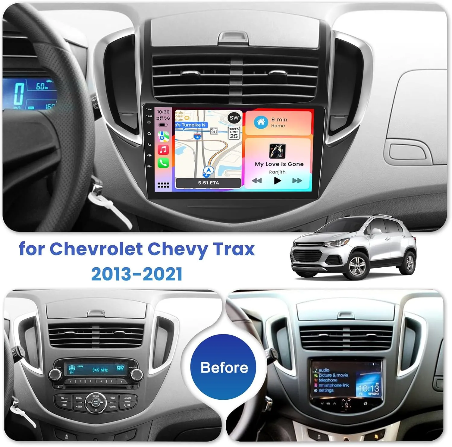 2 64G Inefala for Chevrolet Chevy Trax 2014-2016 Android 13 Car Radio Stereo Built-in Wireless Carplay Android Auto, 9 Inch Touchscreen with GPS WiFi BT FM/RDS EQ SWC 26UI Canbus MIC AHD Backup Camera