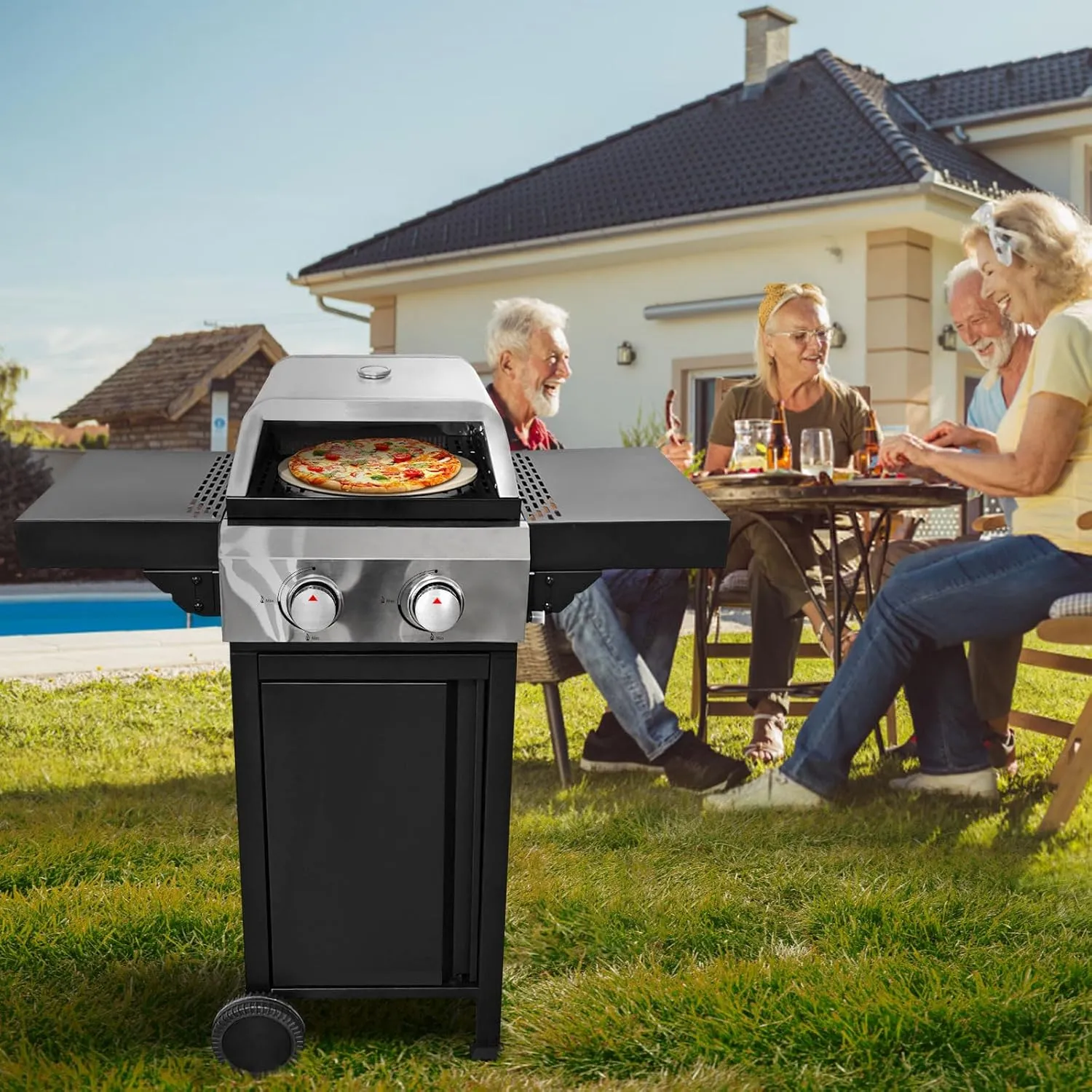 2 Burner Gas Grill and Pizza Oven Combo for Outdoor Cooking, Portable Design, 24,600 BTUs