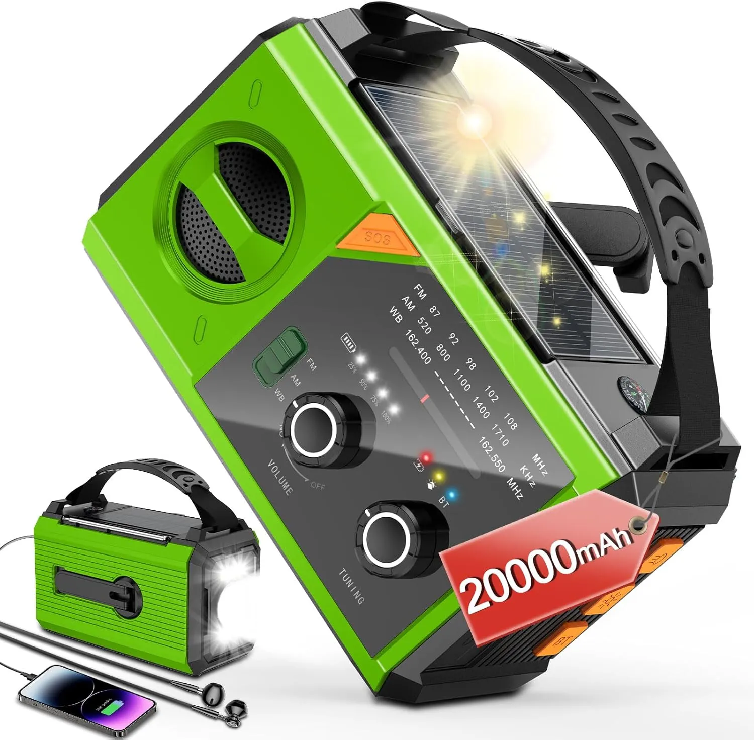 20000mAh Emergency Radio, 74000mWh NOAA Weather Radio, Wireless Hand Crank Solar AM/FM Radio with Fast Charge Rechargeable Solar Battery, Flashlight, SOS Alert, Outdoor Survival Gear Kit（Grass Green）