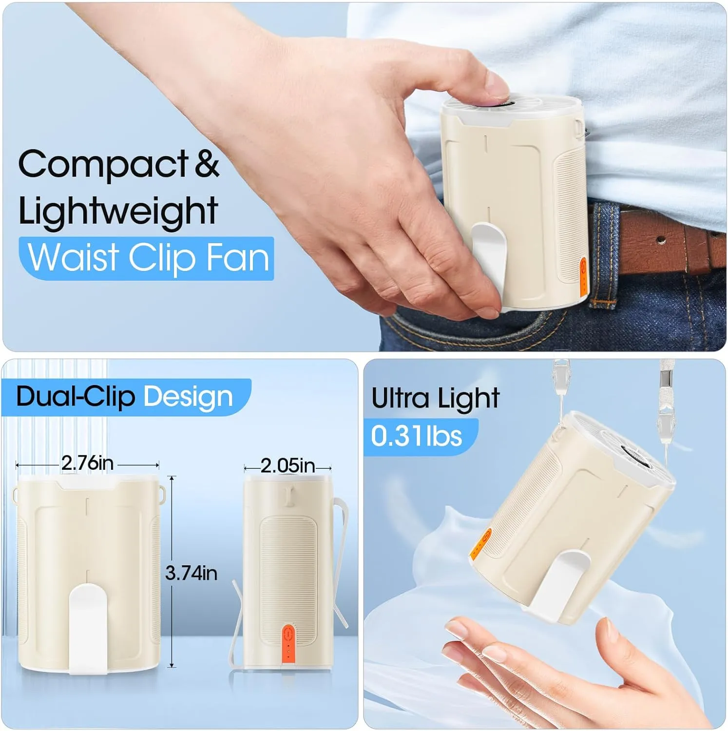 2025 AI Portable Fan Rechargeable, 4 Speeds 6600RPM Strong Airflow, Personal Waist Fan with up to 25H of Working Time, Hanging Neck Fan, Wearable Belt Fan for Camping, Outdoor, Jobsite - Champagne