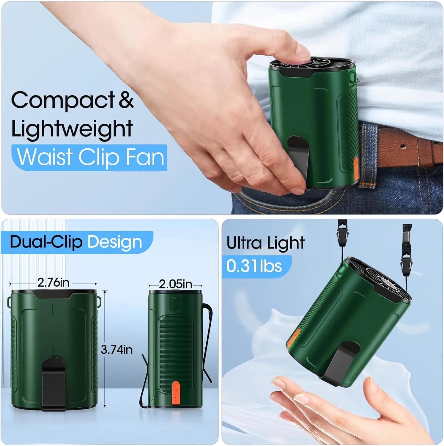 2025 AI Portable Fan Rechargeable, 4 Speeds 6600RPM Strong Airflow, Personal Waist Fan with up to 25H of Working Time, Hanging Neck Fan, Wearable Belt Fan for Camping, Outdoor, Jobsite - Green