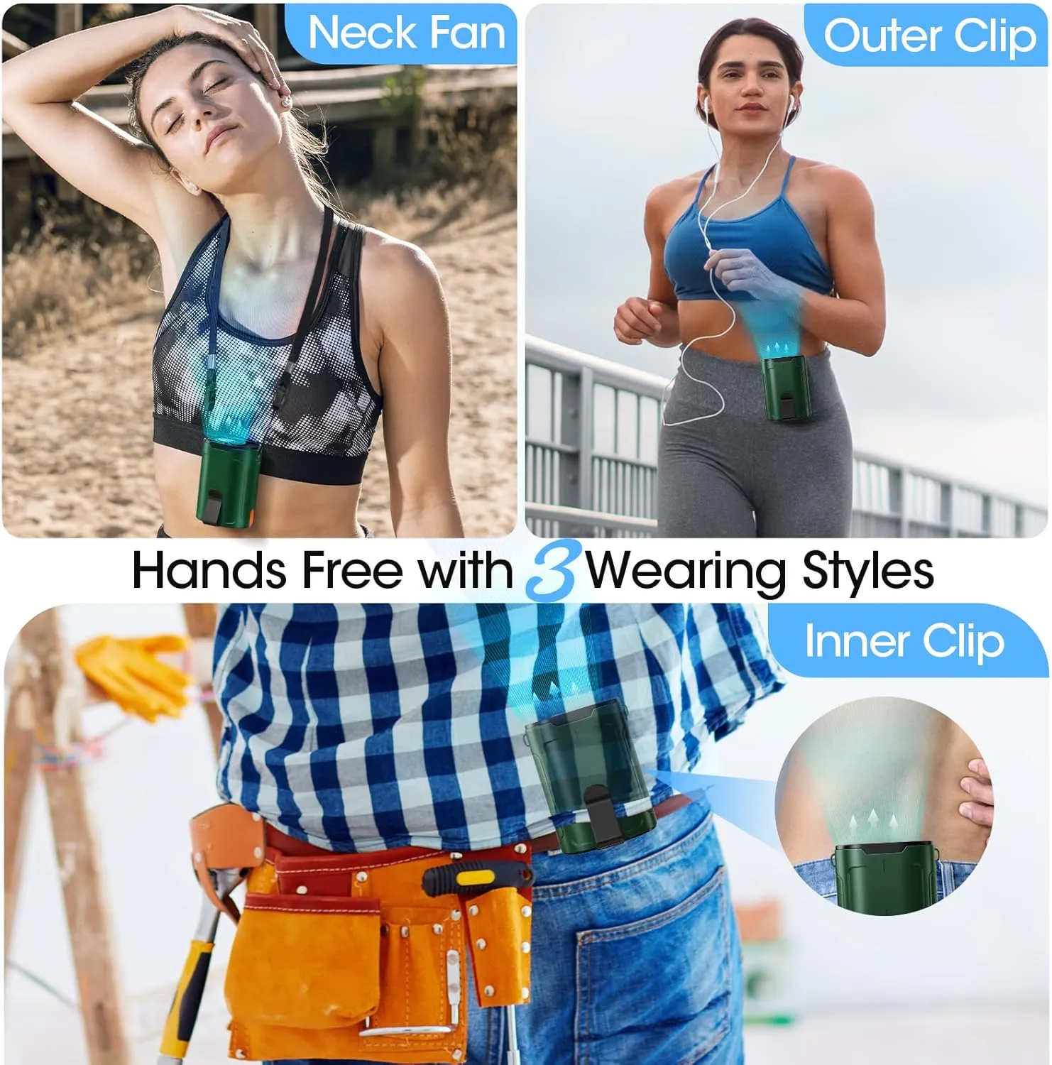 2025 AI Portable Fan Rechargeable, 4 Speeds 6600RPM Strong Airflow, Personal Waist Fan with up to 25H of Working Time, Hanging Neck Fan, Wearable Belt Fan for Camping, Outdoor, Jobsite - Green