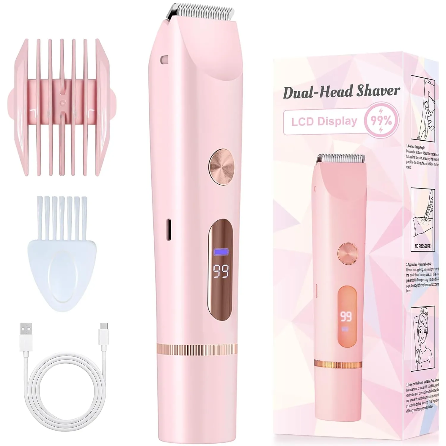 2025 Upgraded Bikini Trimmer for Women - 2 in 1 Dermave Bikini Shaver with LCD Display, Dual Head Cordless Electric Shaver, IPX7 Waterproof Wet/Dry Body Hair Trimmer for Face, Body & Intimate Areas