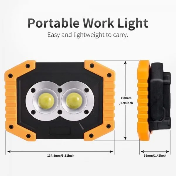 20W 2 COB 1500LM LED Work Light Rechargeable Portable Waterproof LED Flood Lights for Outdoor Camping Hiking Emergency Car Repairing and Job Site Lighting