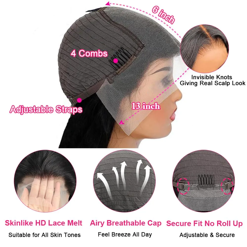 210% Density 13x6 HD Lace Front Wigs Human Hair Pre Plucked,100% Real Human Hair Wig,230g/pc Glueless Body Wave Wigs for Black Women Free Part Natural Hairline with Baby Hair 28 Inch
