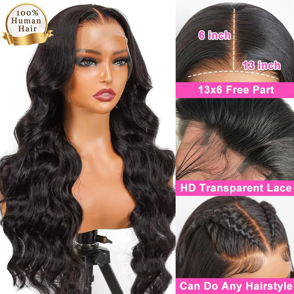 210% Density 13x6 HD Lace Front Wigs Human Hair Pre Plucked,100% Real Human Hair Wig,230g/pc Glueless Body Wave Wigs for Black Women Free Part Natural Hairline with Baby Hair 28 Inch