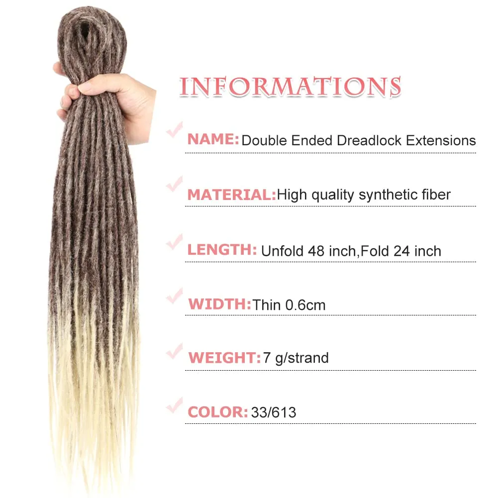 24 Inch Straight Double Ended Dreadlock Extensions Synthetic Dreads 10strands/pack Synthetic Braids Thin 0.6cm Soft Hip-Hop Style Dread Extensions Locks Hair(Straight（10 Strands）, 33/613)