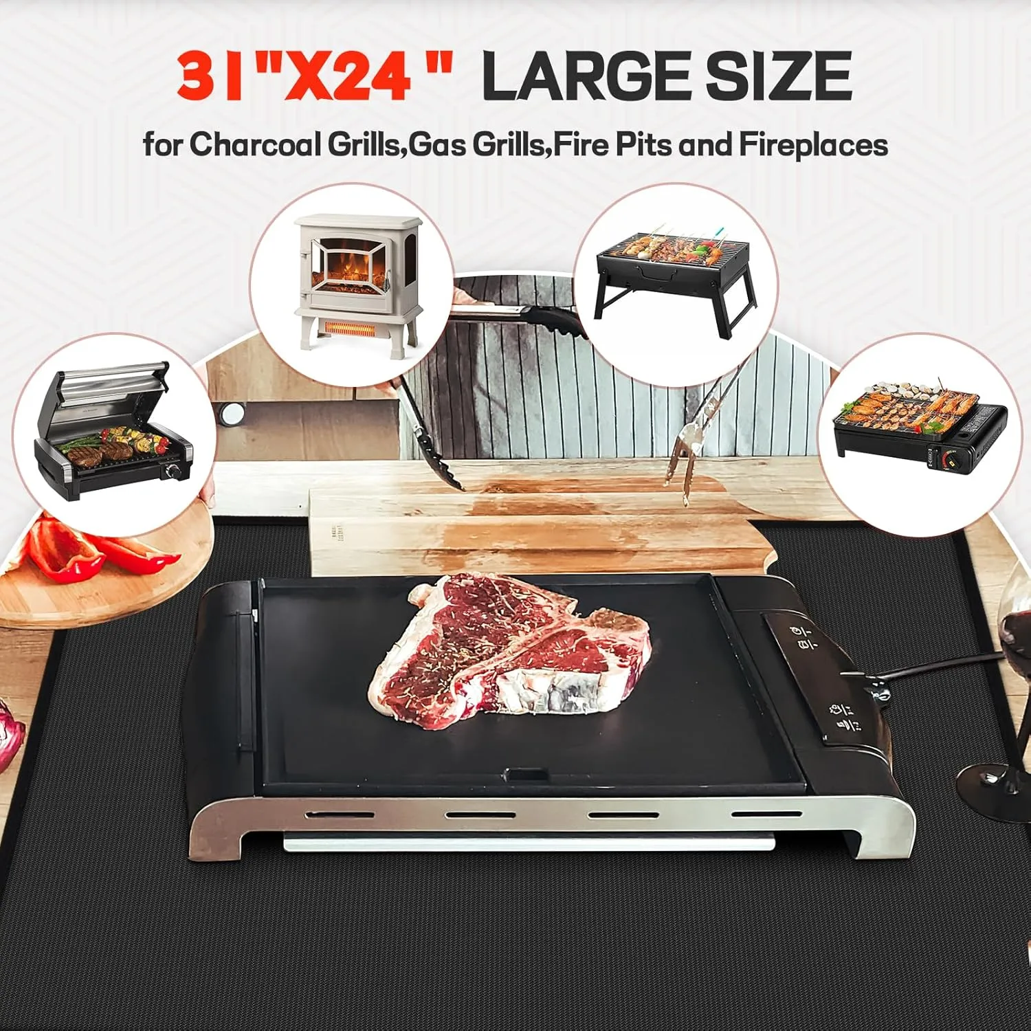 24 x 31in Fireproof-Grill Mats for Outdoor Tabletop Grill to Protect Your Grill Table-Fireproof-BBQ Barbecue Mat Heat Resistant Grill Table Mat-Waterproof & Oilproof BBQ Mat-Black (0.6mm)