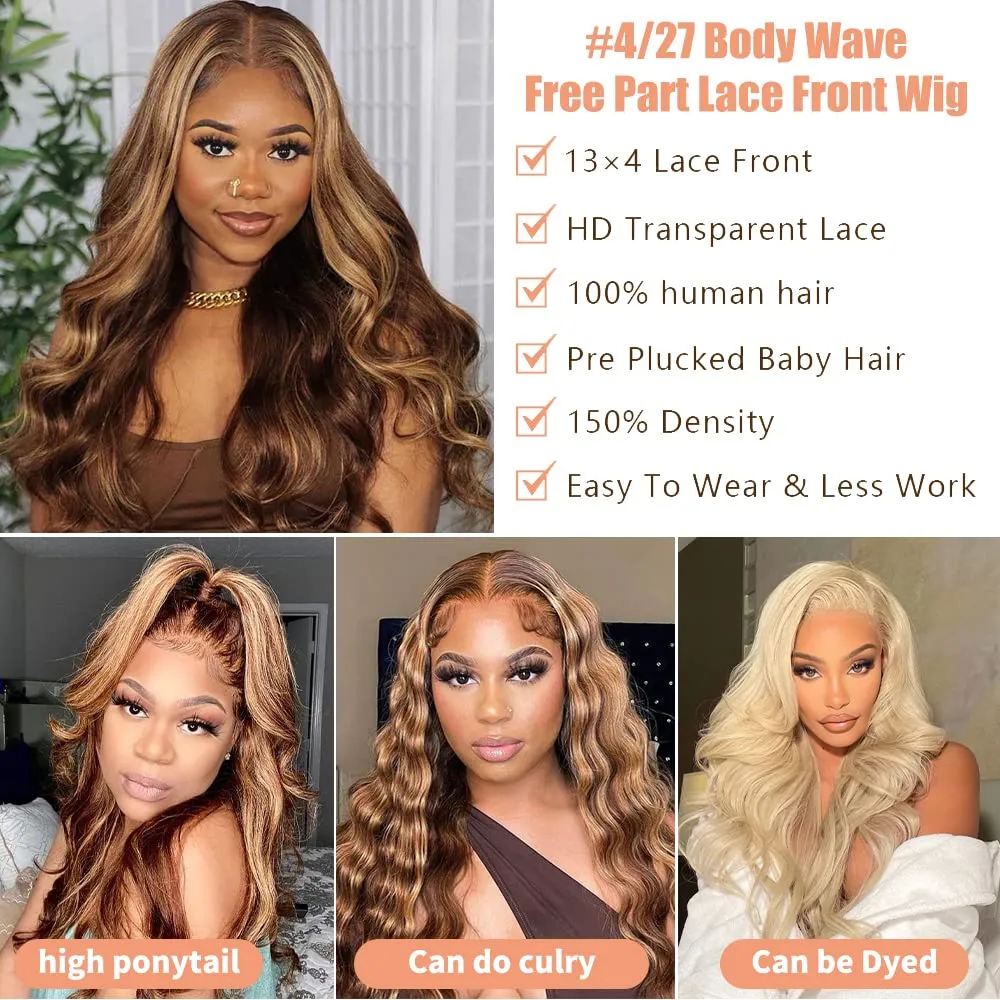 24Inch Ombre Lace Front Wig Human Hair 200nsity Blonde Highlight Wig Human Hair Pre Plucked 4/27 Highlight Lace Front Wigs Human Hair 13x4 HD Lace Brown Highlighted wig（Piano Colored Body Wave）