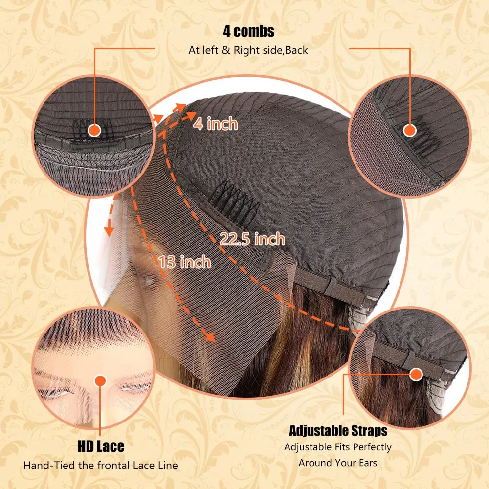 24Inch Ombre Lace Front Wig Human Hair 200nsity Blonde Highlight Wig Human Hair Pre Plucked 4/27 Highlight Lace Front Wigs Human Hair 13x4 HD Lace Brown Highlighted wig（Piano Colored Body Wave）