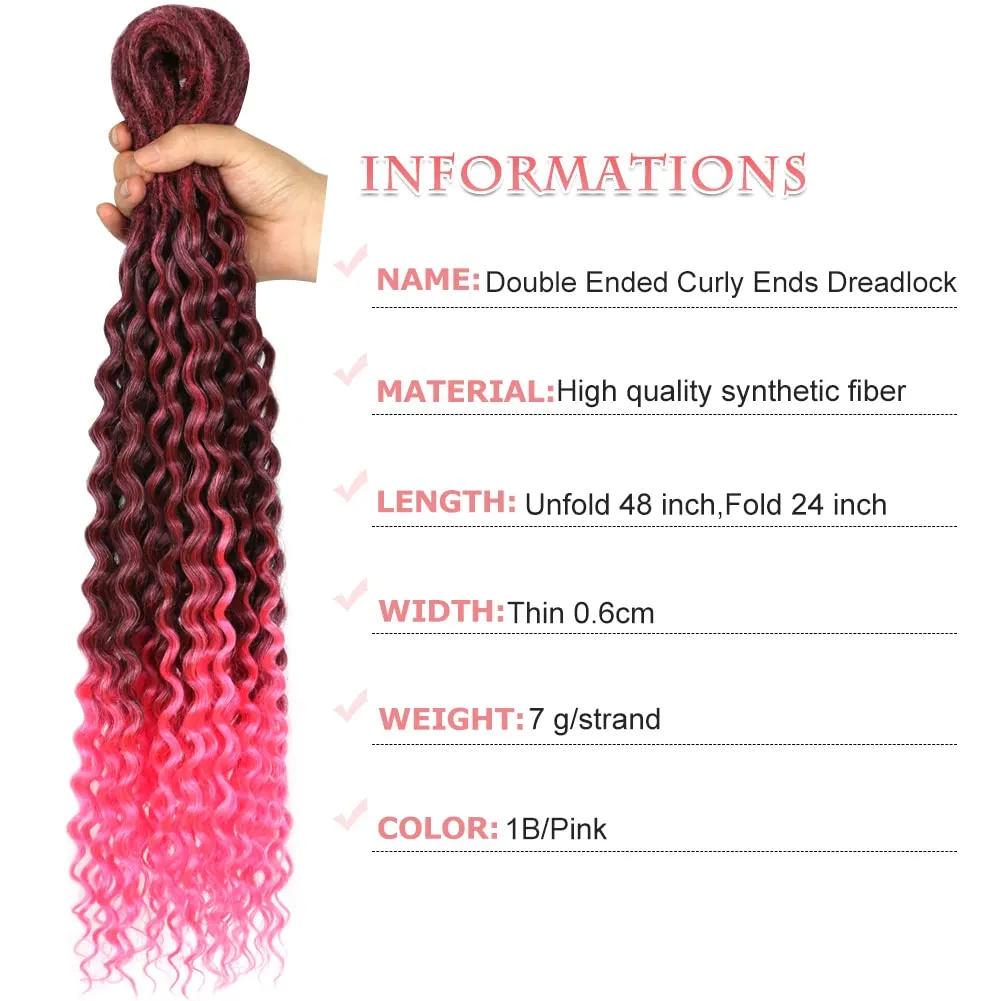24inches Synthetic Double Ended Wavy Dreadlock Extensions10strands style Curly loose ends Dread Extensions Handmade Soft Reggae Synthetic Dreadlock Extensions(Curly End 10 Strands）, 1B/Pink)